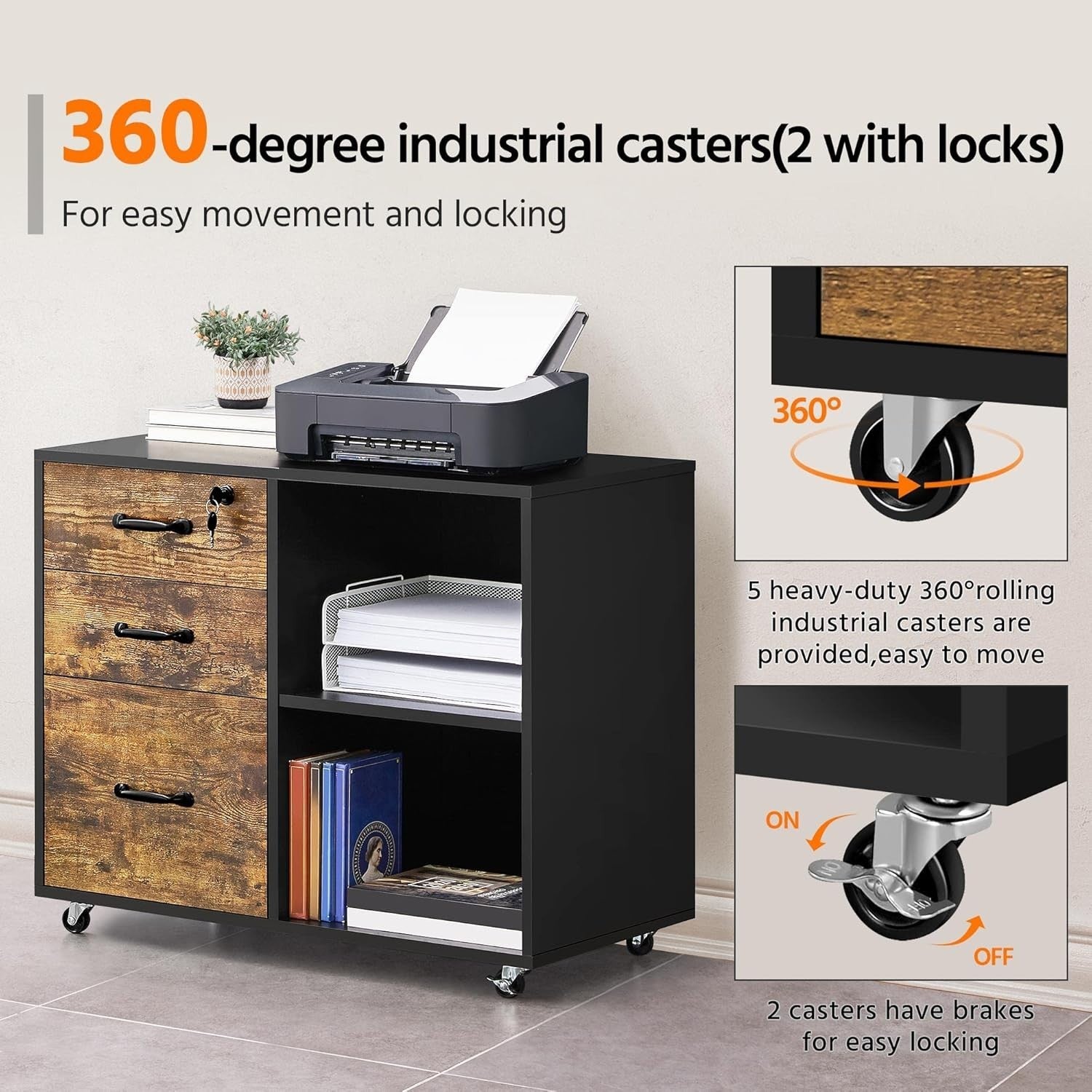 Rolling Mobile Filing Cabinet with Lockable Drawers Printer Stand 80x40x65cm