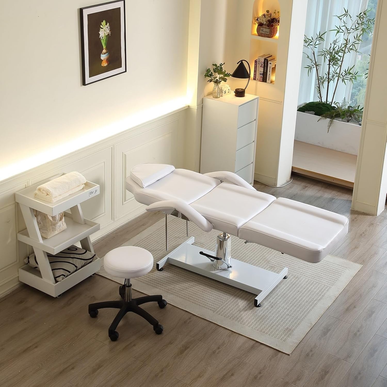 Hydraulic Massage Table 360° Swivel Adjustable Beauty Bed w/ Stool White