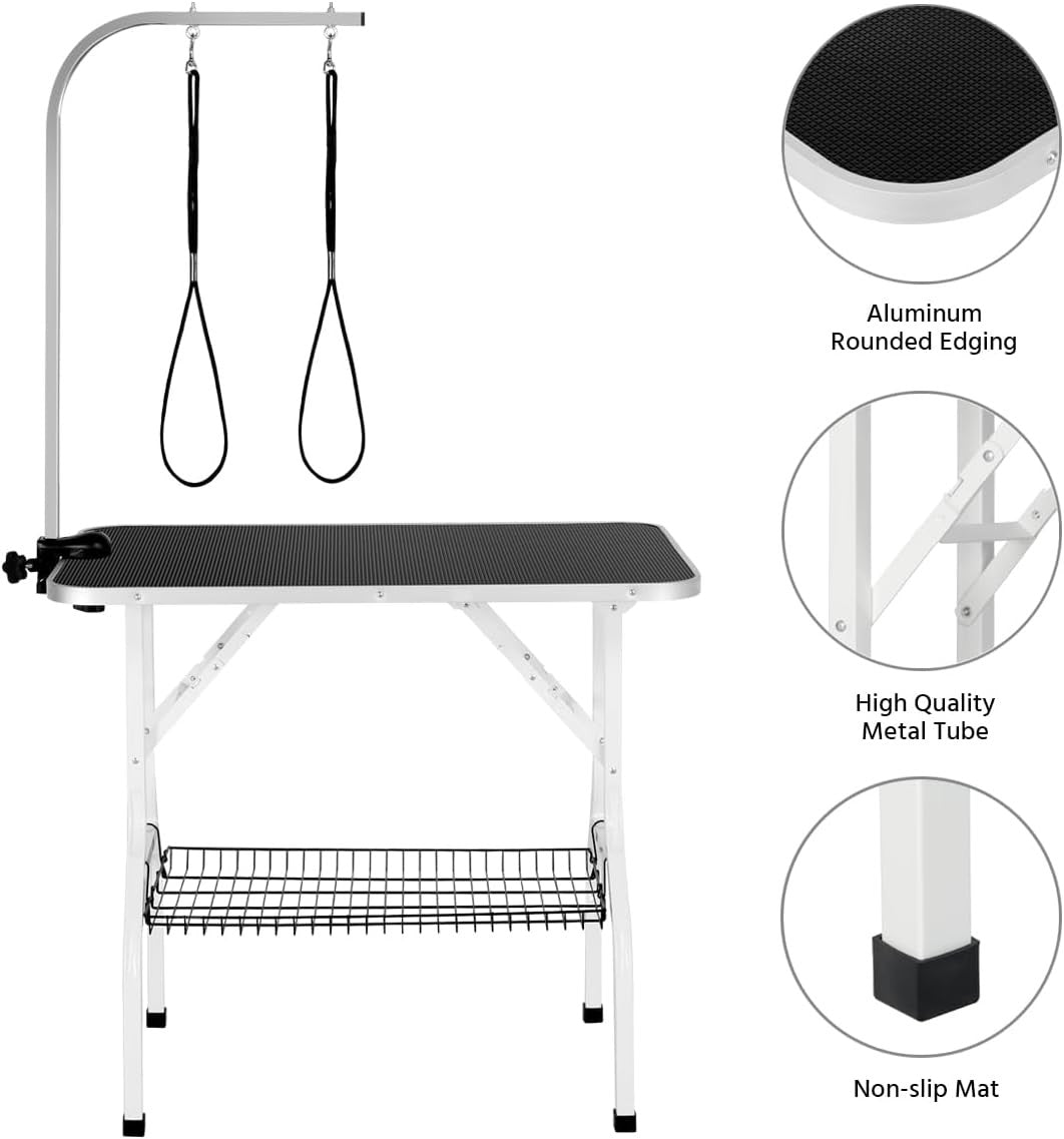36" Dog Grooming Table Foldable Adjustable Height Non Slip w Arm Basket