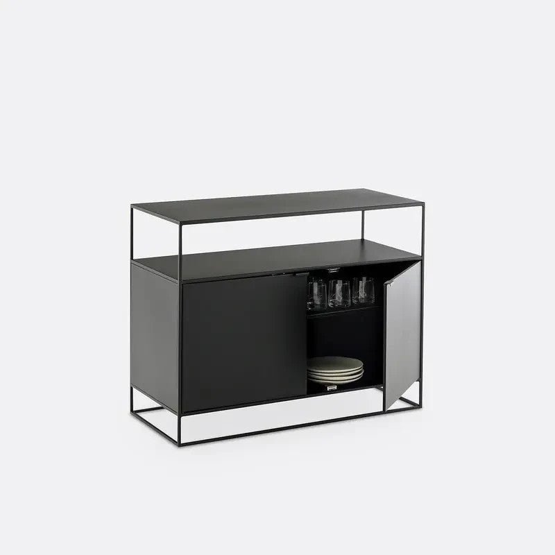 Modern Black Metal Sideboard Cabinet with Open Shelf & Storage Doors