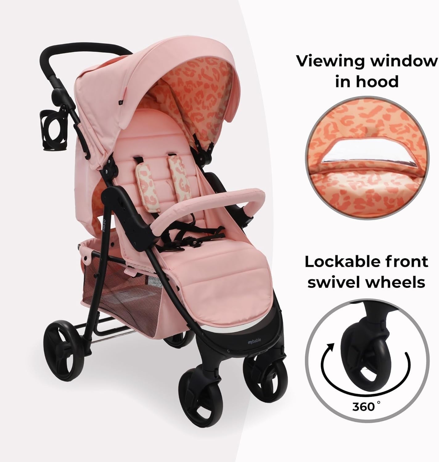 Pink Leopard Baby Pushchair Easy Fold Stroller Adjustable Handle Birth to 4Y