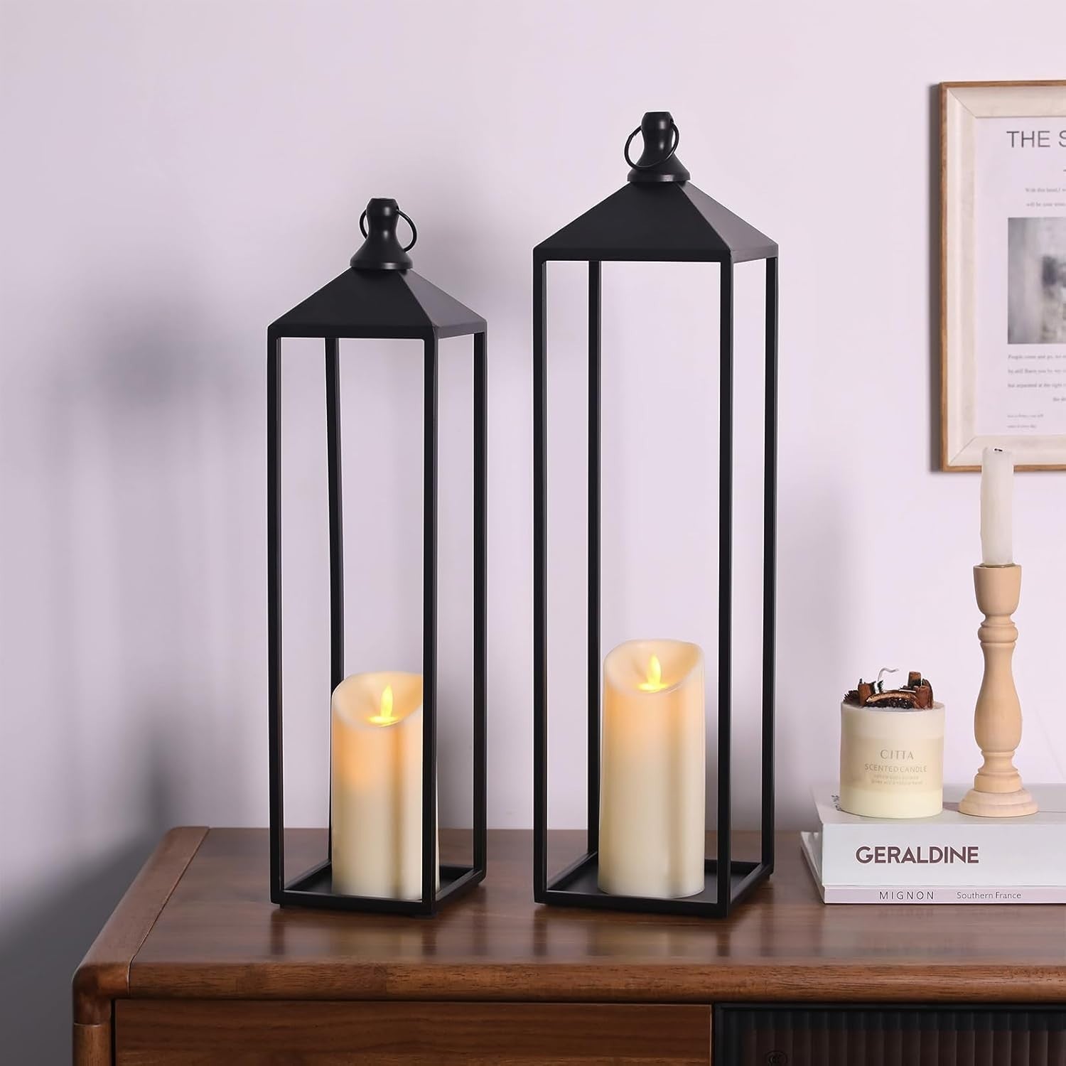 2 Pack Large Black Metal Candle Lanterns Outdoor