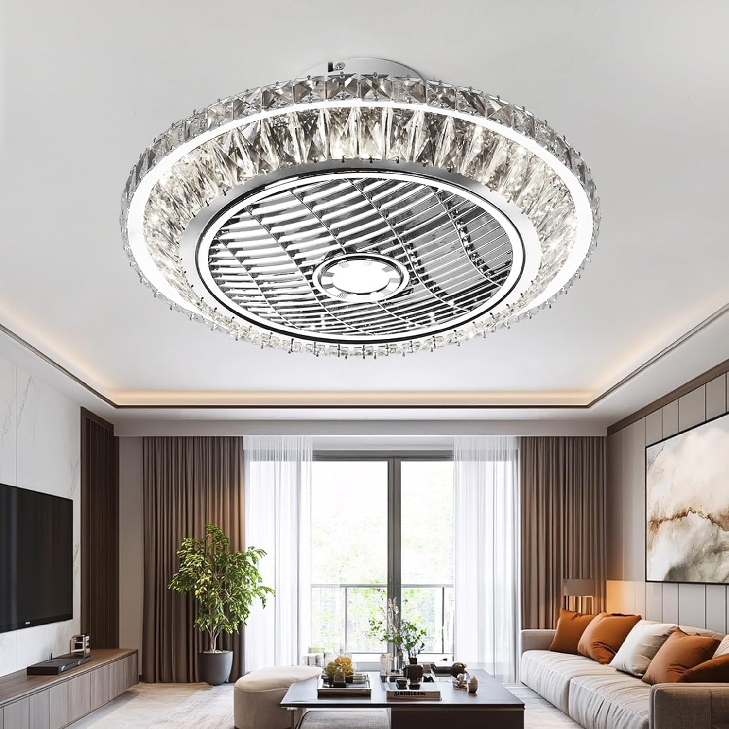 Crystal Ceiling Fan, 72W Dimmable LED, Adjustable Speed, Remote, Modern Style