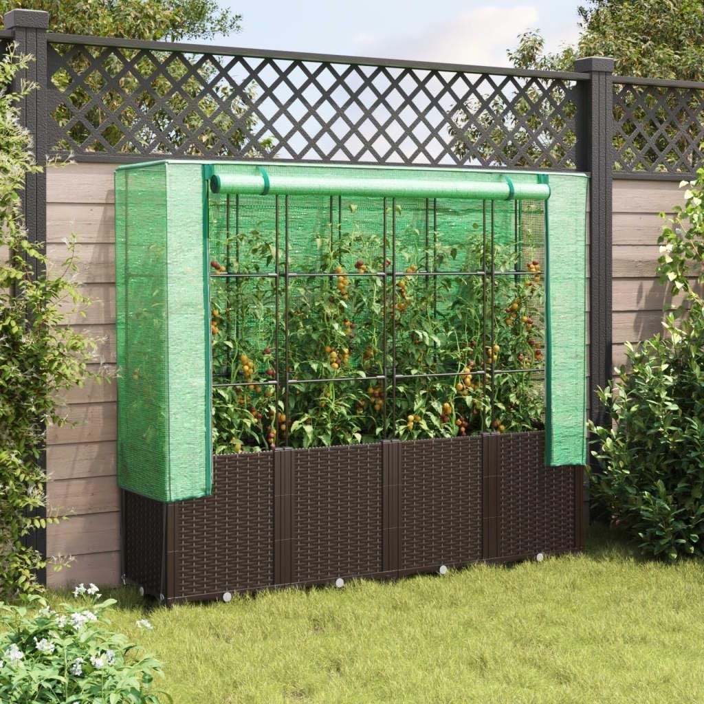 Raised Garden Bed Planter 160x40x53cm with Greenhouse Cover – Brown Rattan