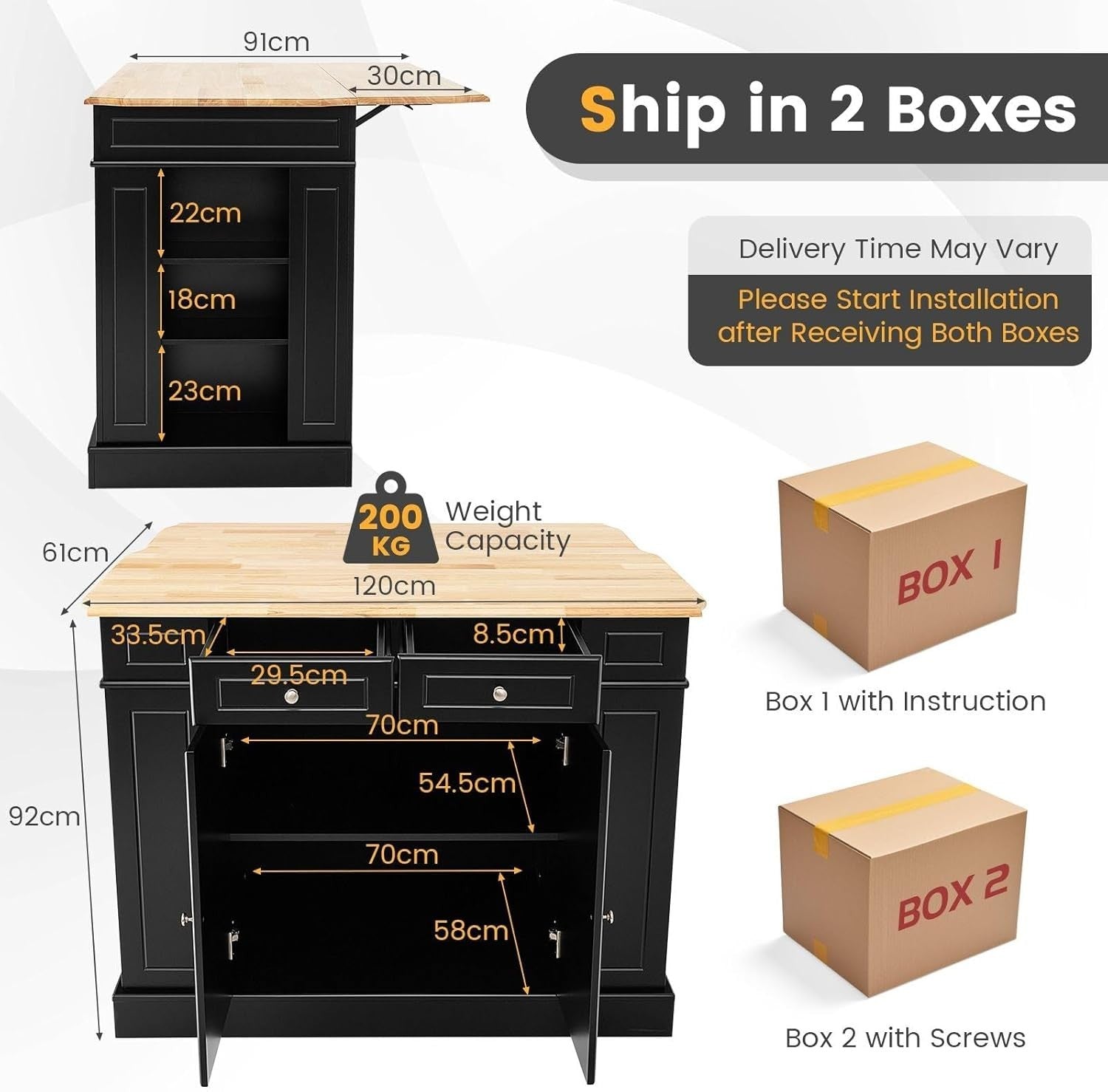 Kitchen Island Trolley Black with Drop-Leaf, Storage & Lockable Wheels