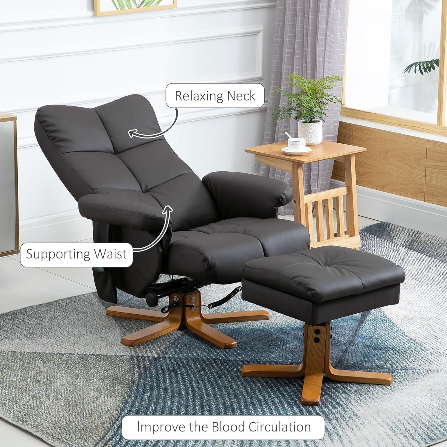 Massage Recliner Chair w/ Footstool Heat 145° Tilt Swivel Faux Leather Brown