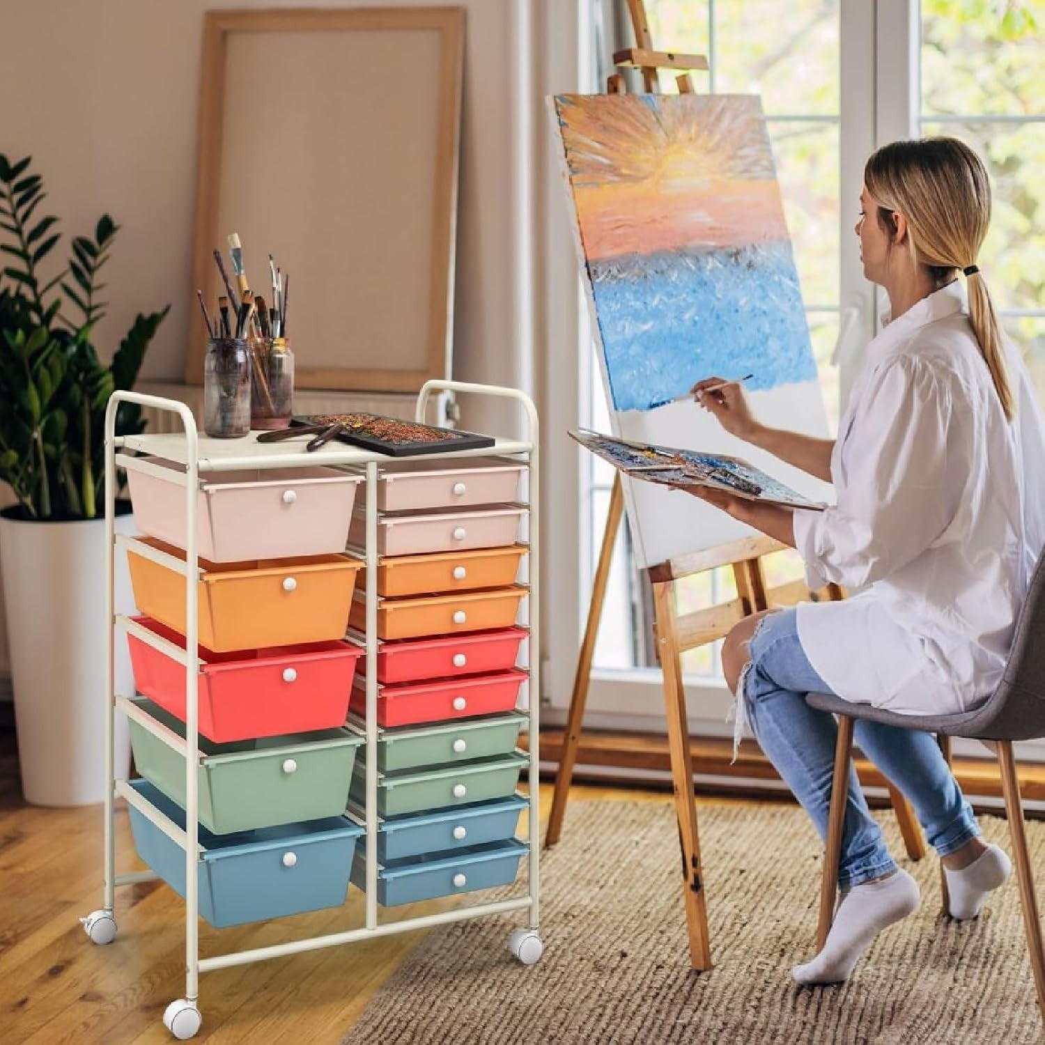 15 Drawer Rolling Storage Cart Colorful Utility Organizer Trolley