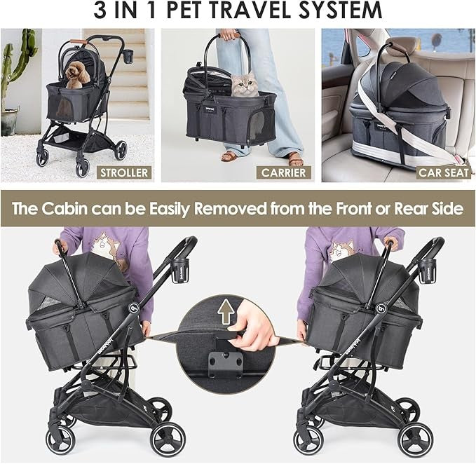 3-in-1 Pet Stroller Foldable Detachable Carrier Pushchair for Small Dogs Cats
