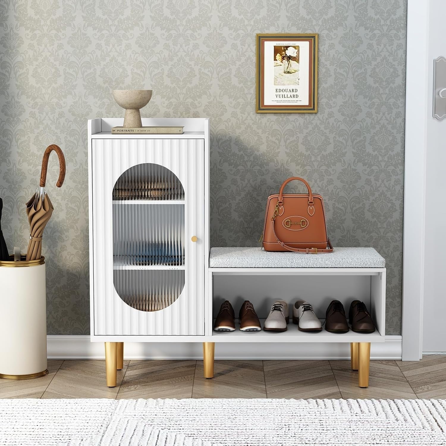 White Shoe Storage Bench with Cushion & Glass Door Cabinet 100x29.5x91.5cm