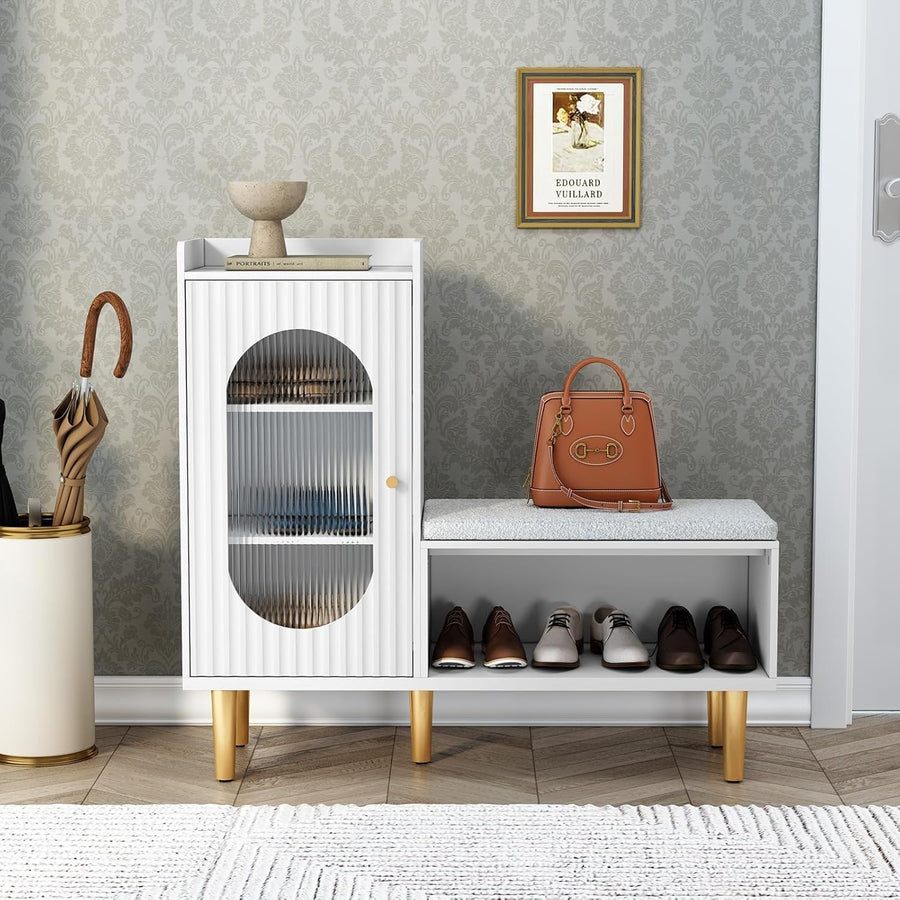 White Shoe Storage Bench with Cushion & Glass Door Cabinet 100x29.5x91.5cm