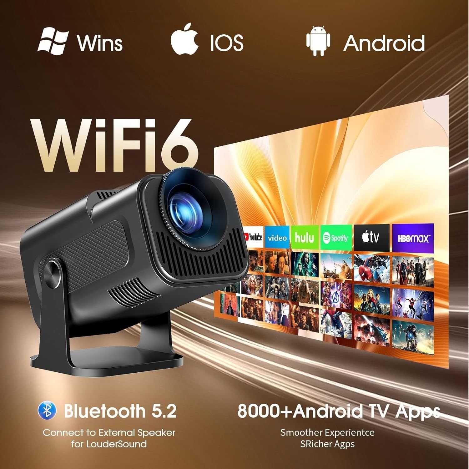 Mini Smart Projector 4K 1080P WiFi 6 Bluetooth 180° Rotatable Apps