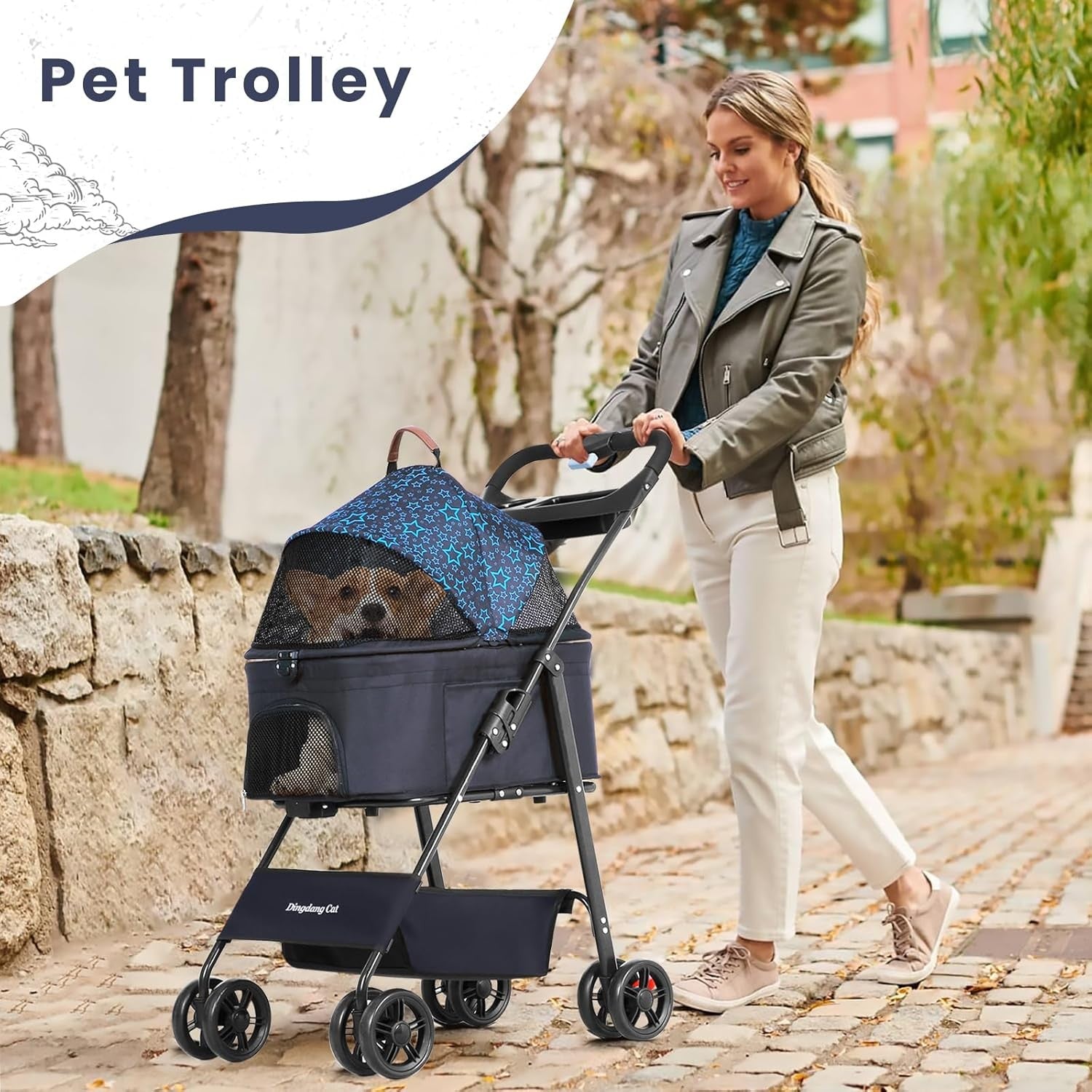 Pet Stroller Foldable Dog Cat Pram Safety Belt Storage Basket Cup Holder