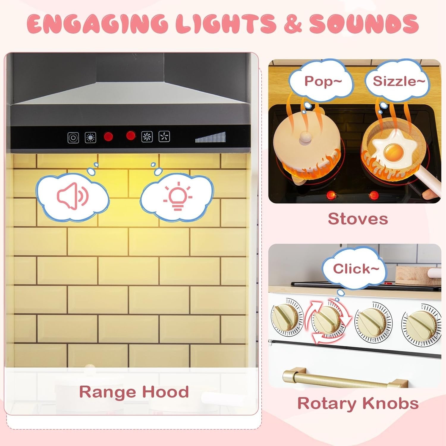 Wooden Kids Play Kitchen White Lights Sounds Toy Set Chalkboard