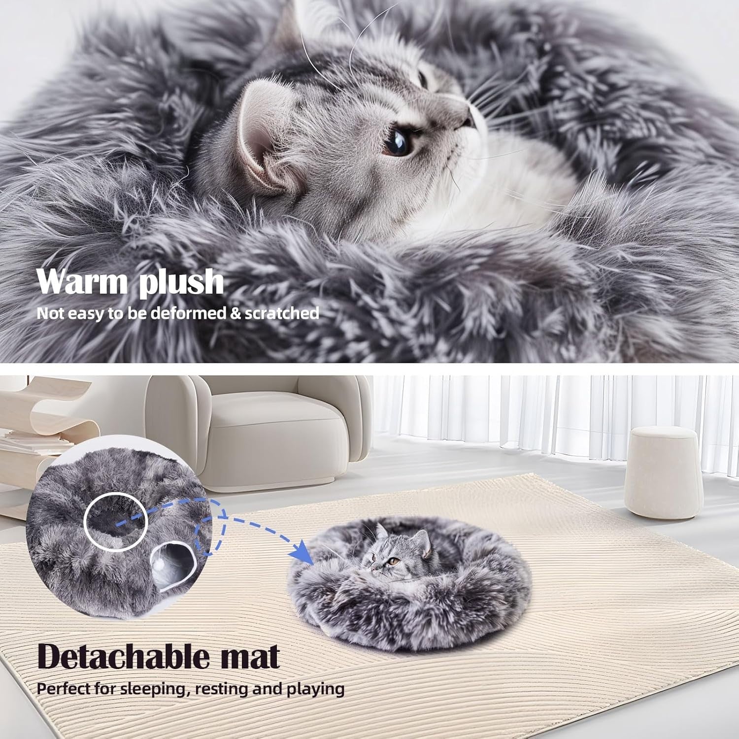 Cat Tunnel Bed Donut Cat Toy Foldable Tunnel w Washable Cushion