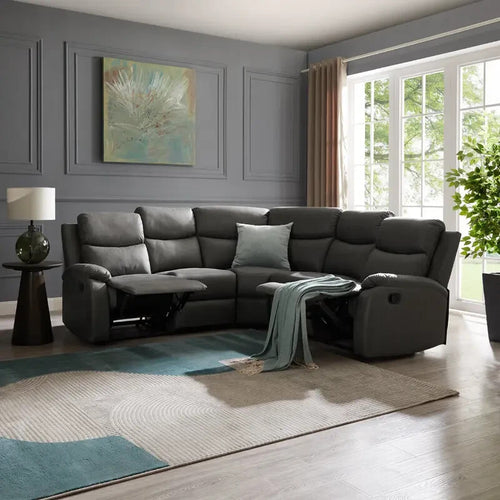 5 Seater Corner Recliner Sofa L-Shaped Grey Faux Leather Lounge Suite