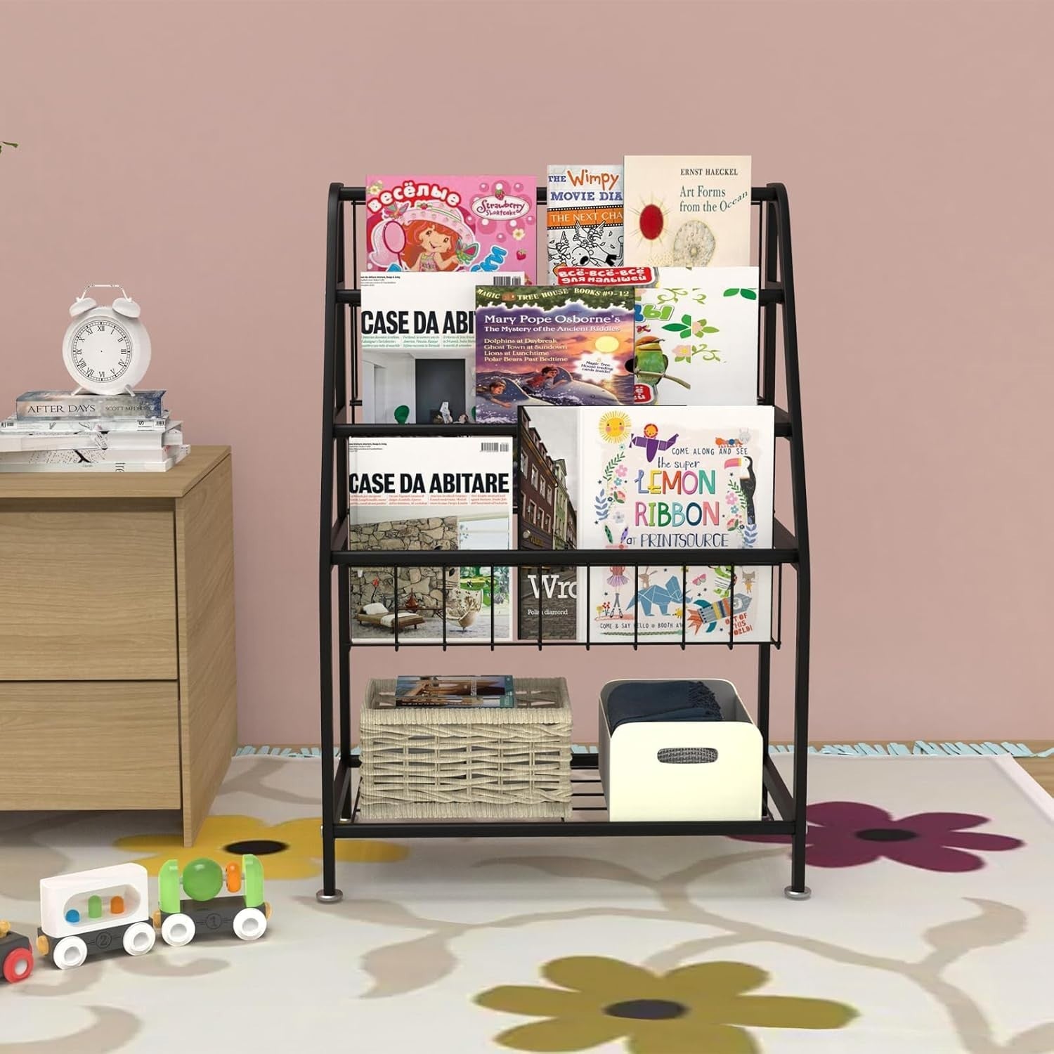 Kids Bookcase & Toy Organizer Shelf – Durable Metal, Space-Saving Leaning Rack