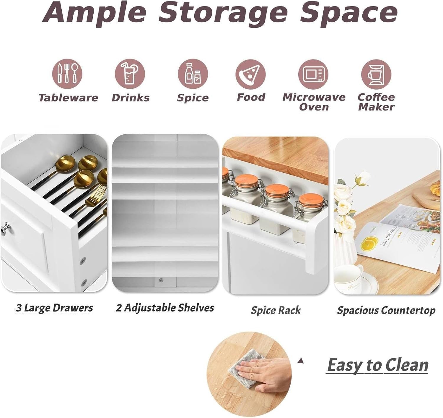 111cm White Kitchen Island Cart Extendable 3 Drawers