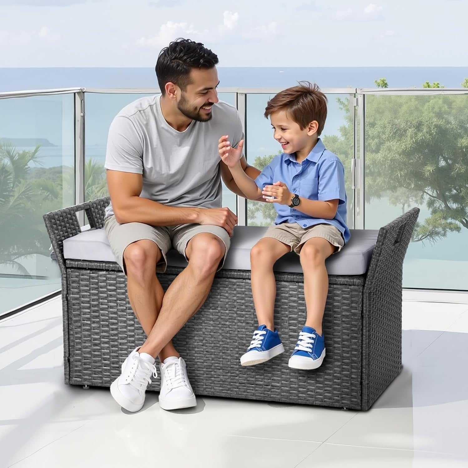 Outdoor 2-Person Storage Bench with Cushion, Weatherproof Rattan, 400 lbs Load