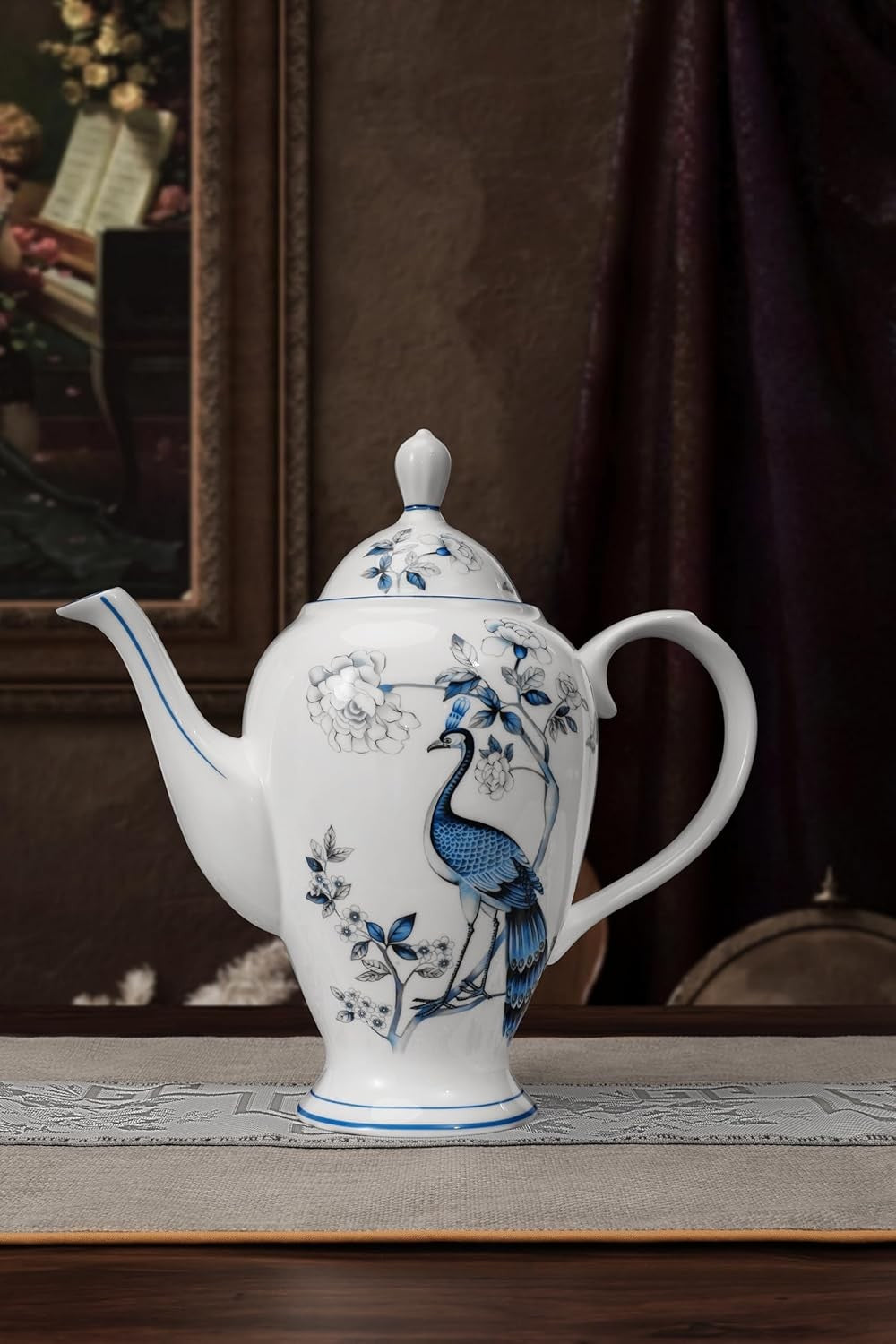 21pc Fine Bone China Tea Set Peacock Design Teapot Cups Saucers Gold Trim