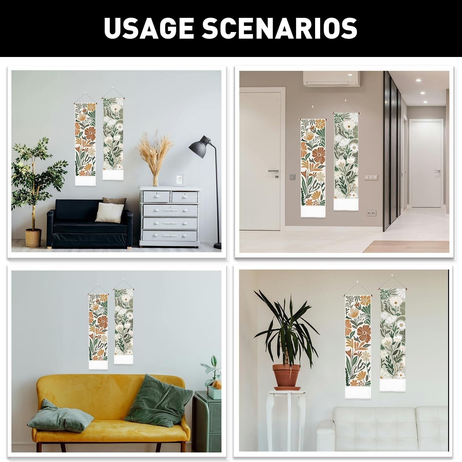 2-Pack Boho Floral Botanical Tapestry 52"x13" Vertical Wall Decor