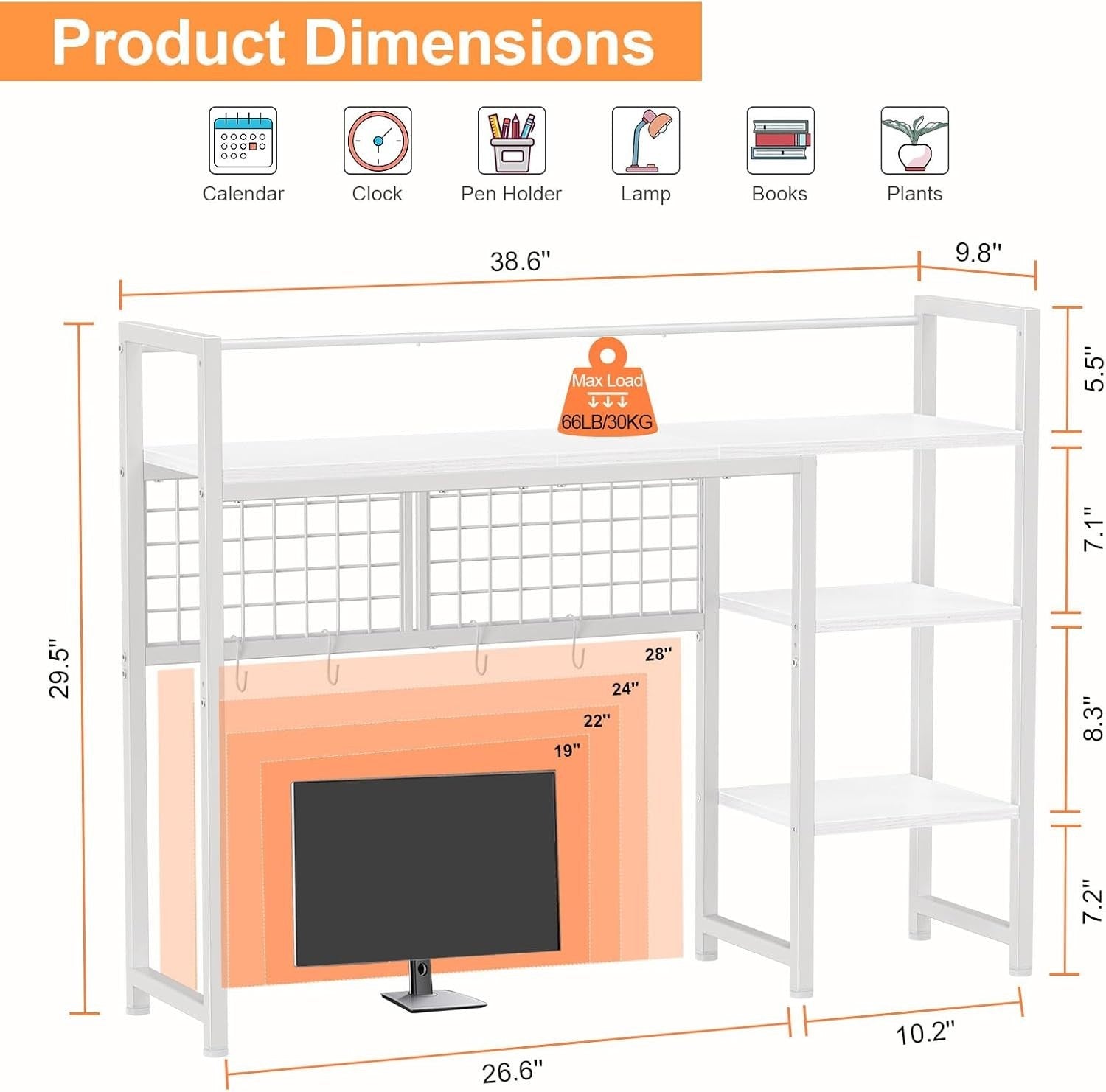 38.6" Desk Hutch Shelf with Pegboard Hooks 4-Tier Desktop Organizer for Monitor