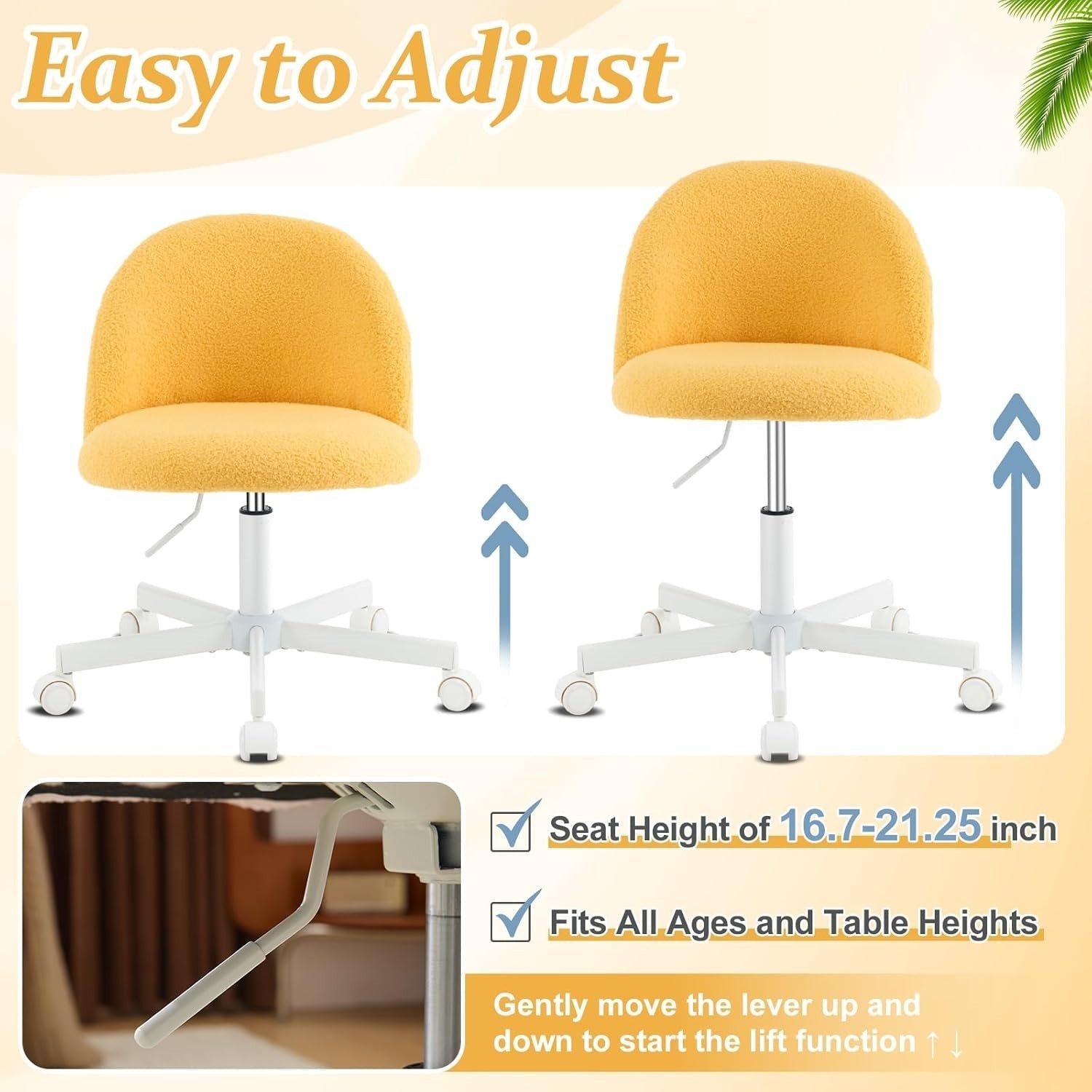 Yellow Teddy Fleece Swivel Desk Chair Small Adjustable Height Vanity Seat