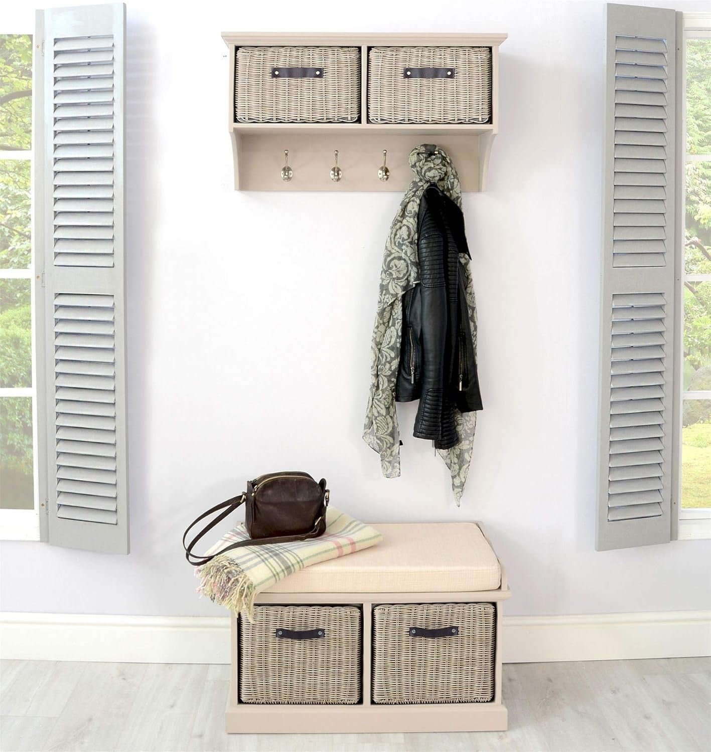 Wall Mounted Coat Rack with Baskets & 4 Hooks Hallway Storage Shelf Unit