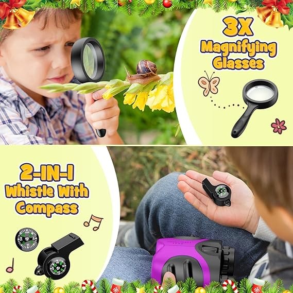 Kids 8x21 Waterproof Binoculars Purple with Compass Whistle Outdoor Explorer
