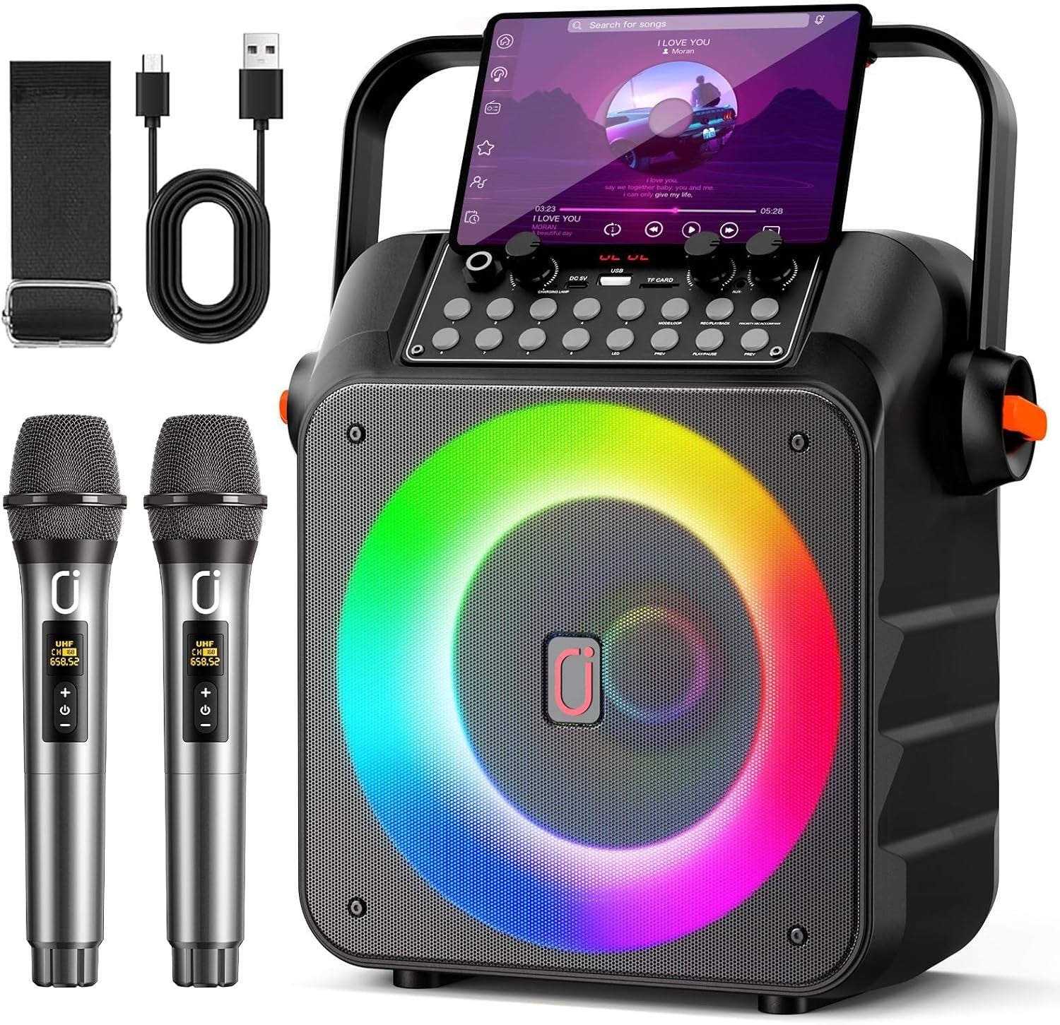 Bluetooth Karaoke Machine with 2 Wireless Mics 6.5" Subwoofer LED
