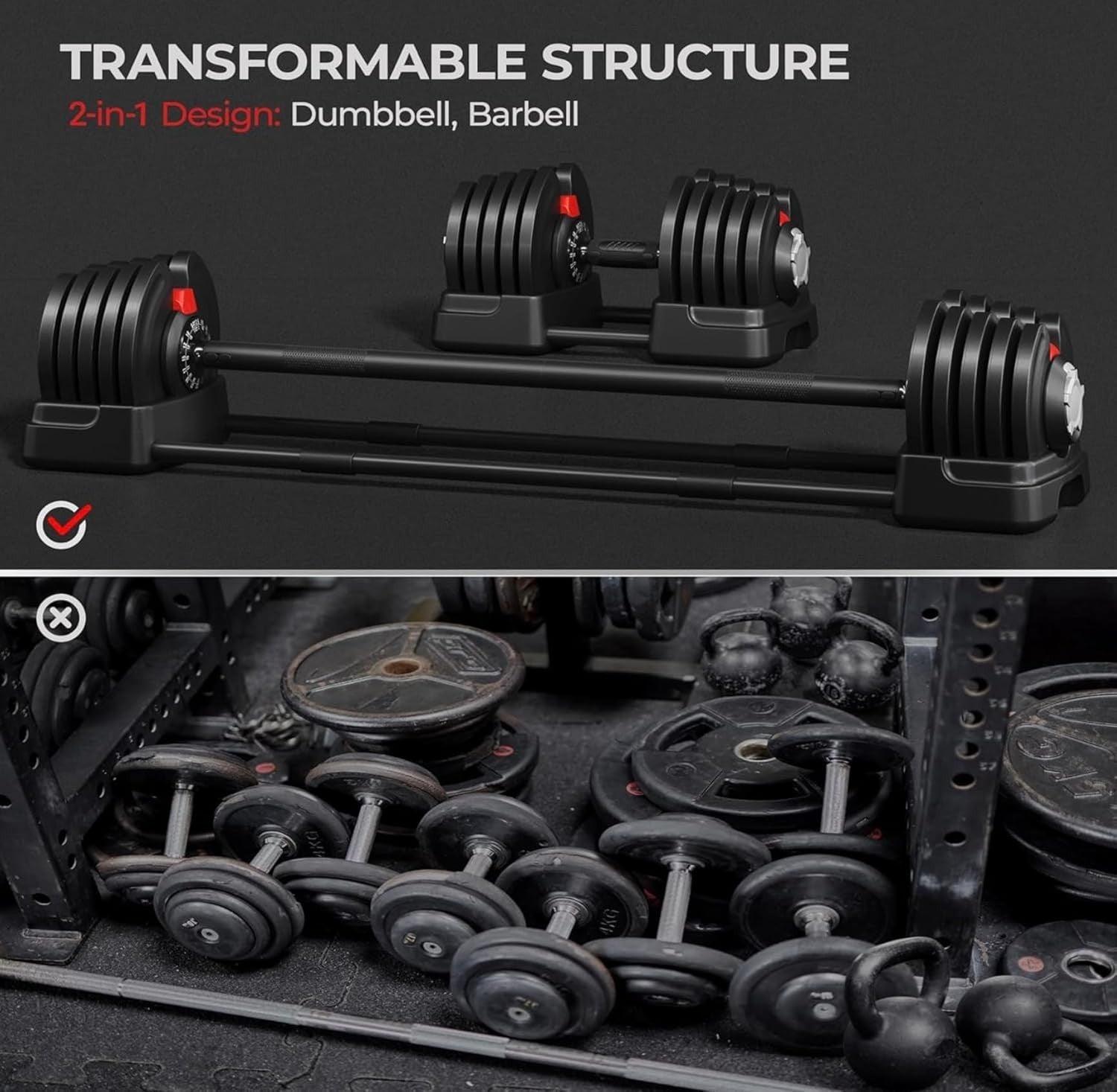 40KG Adjustable Dumbbell & Barbell Set 2-in-1 Home Gym Free Weights