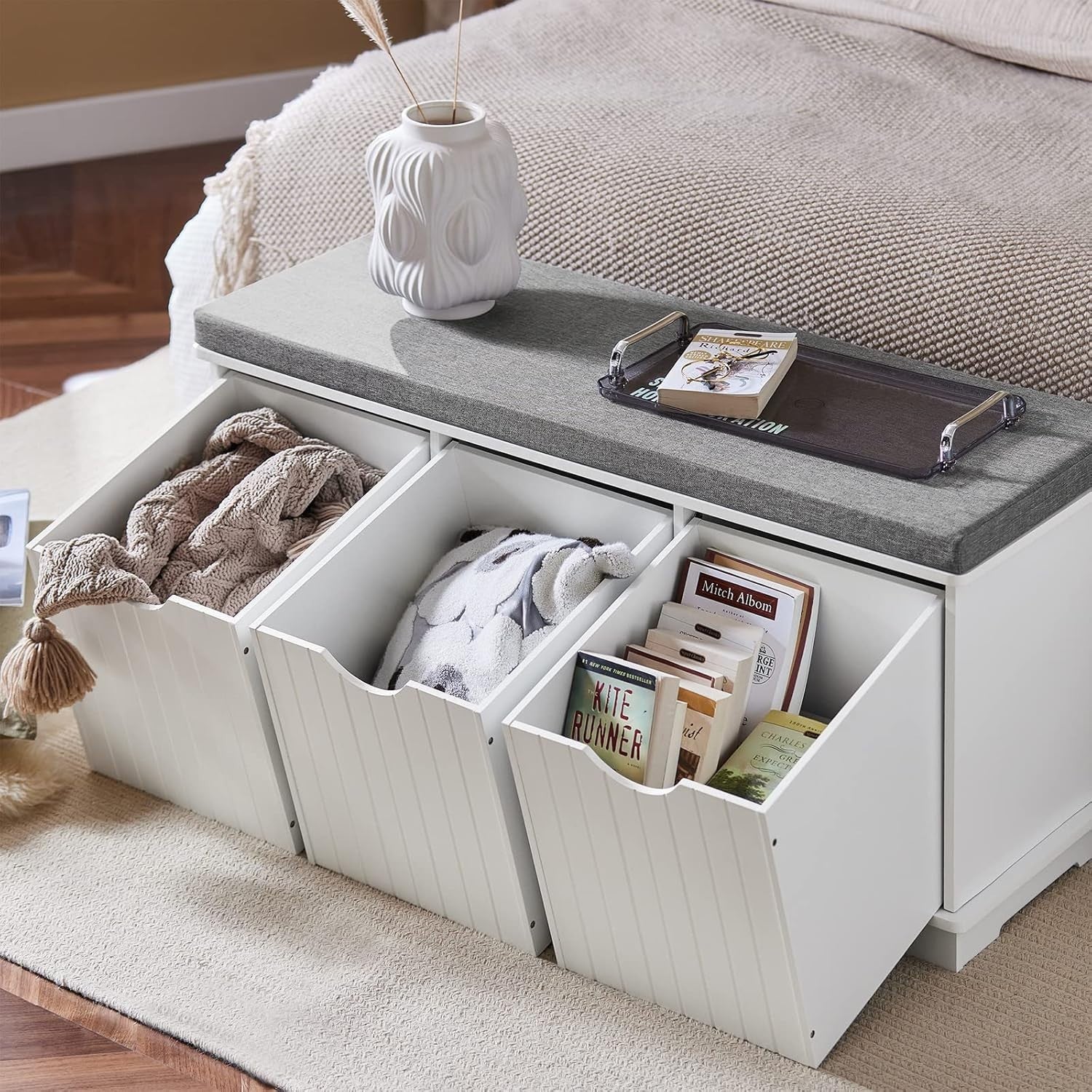 Hallway Shoe Storage Bench with 3 Drawers & Removable Cushion, White