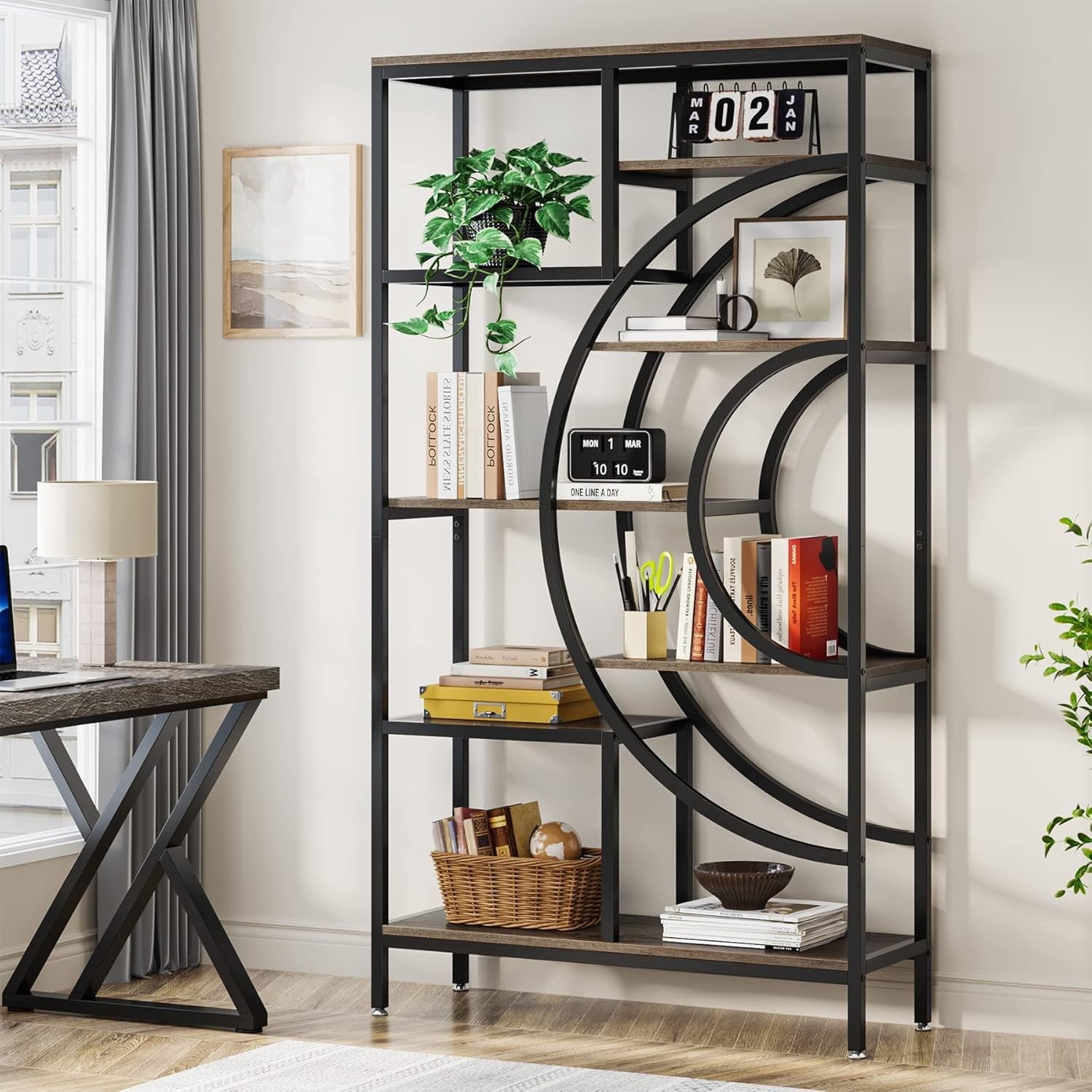 Geometric Industrial 8-Tier Bookshelf | 178cm Tall Modern Open Display Storage U