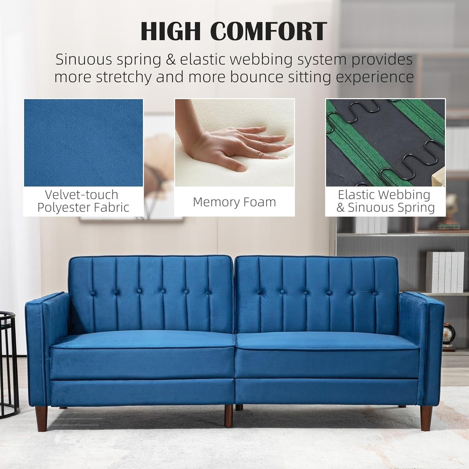 Blue Velvet 3 Seater Sofa Bed Click Clack Recliner Couch Guest Sleeper