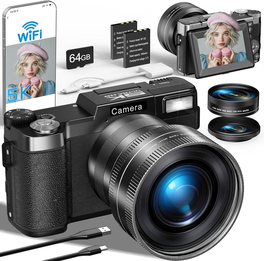 5K 64MP Vlogging Camera WiFi Flip Screen w/ 64GB Card & Lens