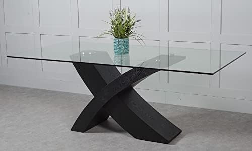 Rectangular Glass Dining Table 200cm 8-Seater Black Wood Cross Base Modern