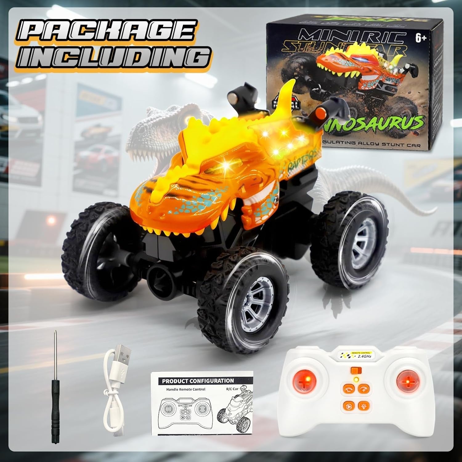 RC Car with LED Eyes – 2.4GHz Rechargeable Stunt Toy for Kids 6–12 (Orange)
