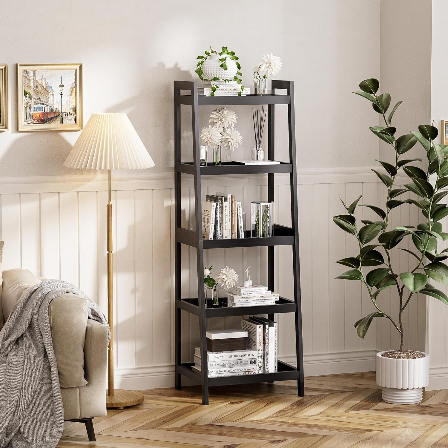 Black 5-Tier Ladder Bookcase, Tall Narrow Bamboo Frame Display Storage Shelf