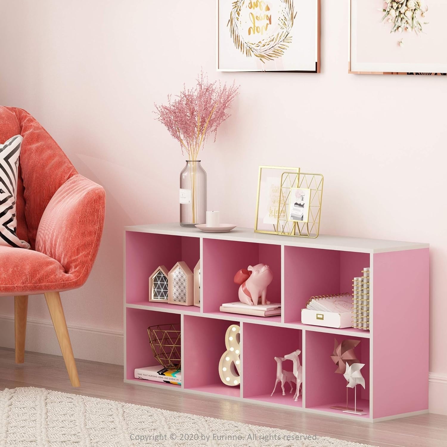 7 Cube Reversible Bookcase Storage Open Shelf Compact Design Organizer Pink