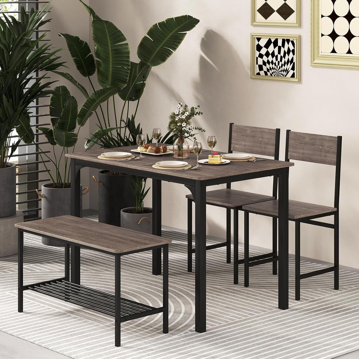 Industrial 4-Piece Dining Set with Bench & Storage Rack – Compact & Stylish