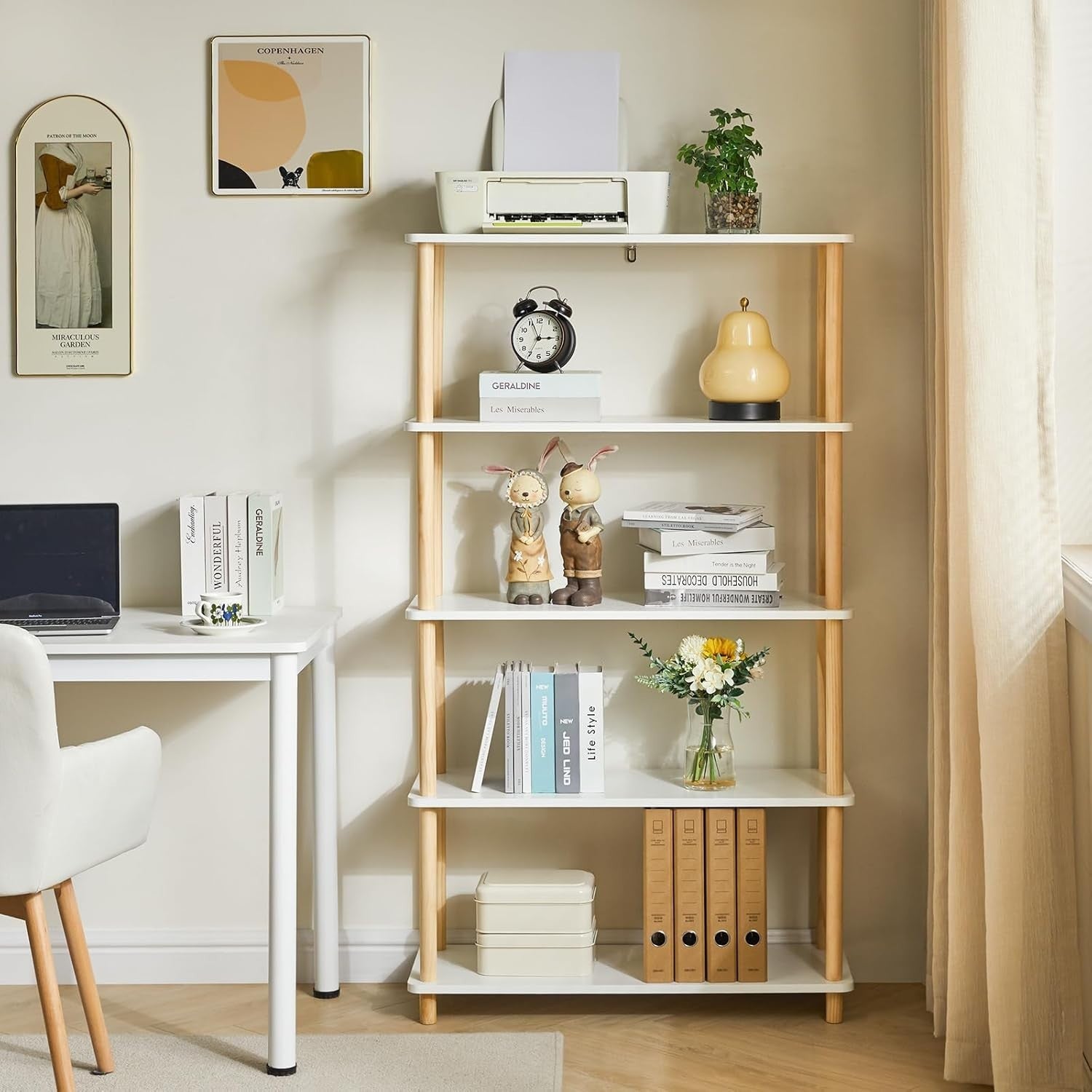 5 Tier Wooden Bookcase White Beech Legs Freestanding Storage Shelf 141cm