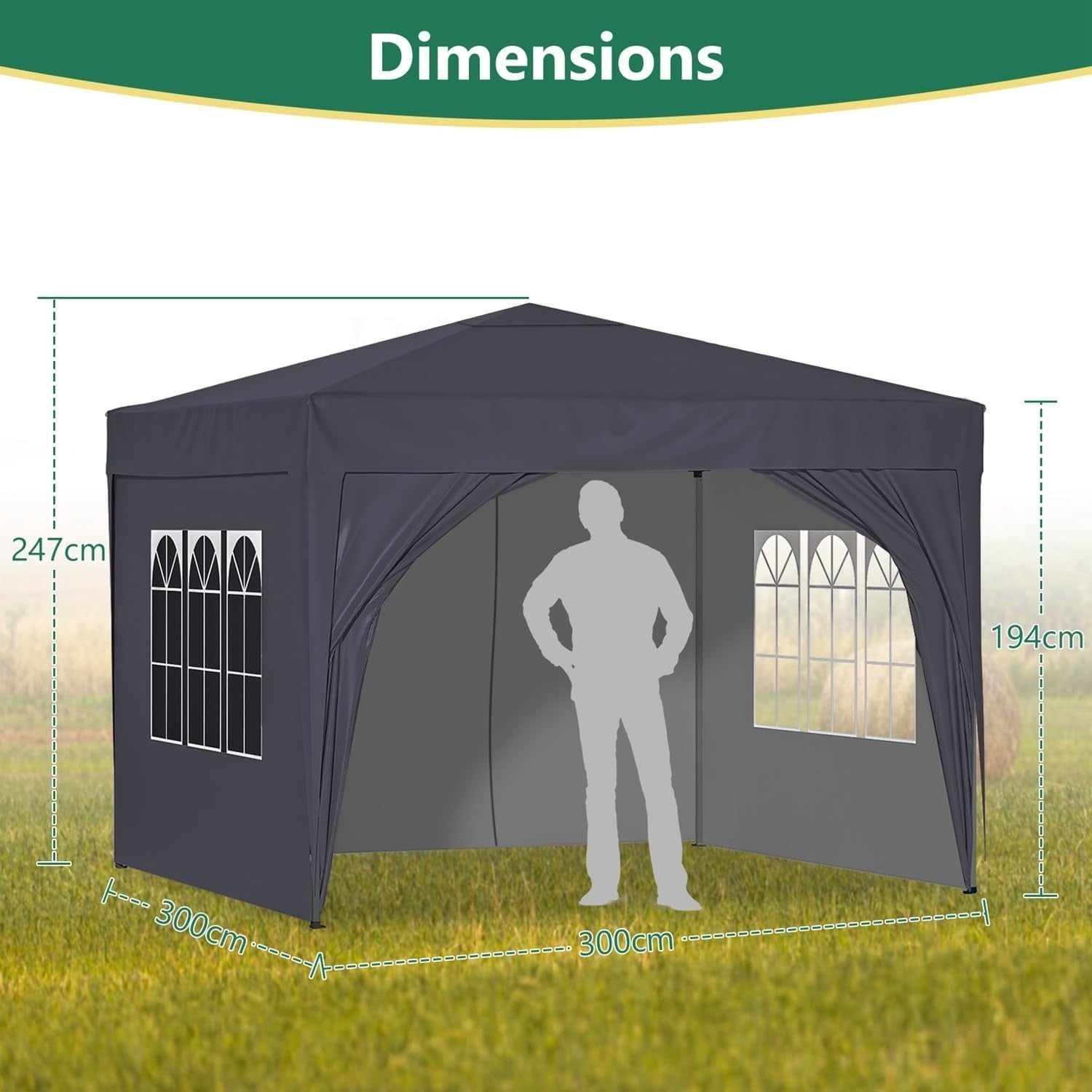 3x3M Pop Up Gazebo with Sides Waterproof Garden Party Tent Steel Frame + Weight