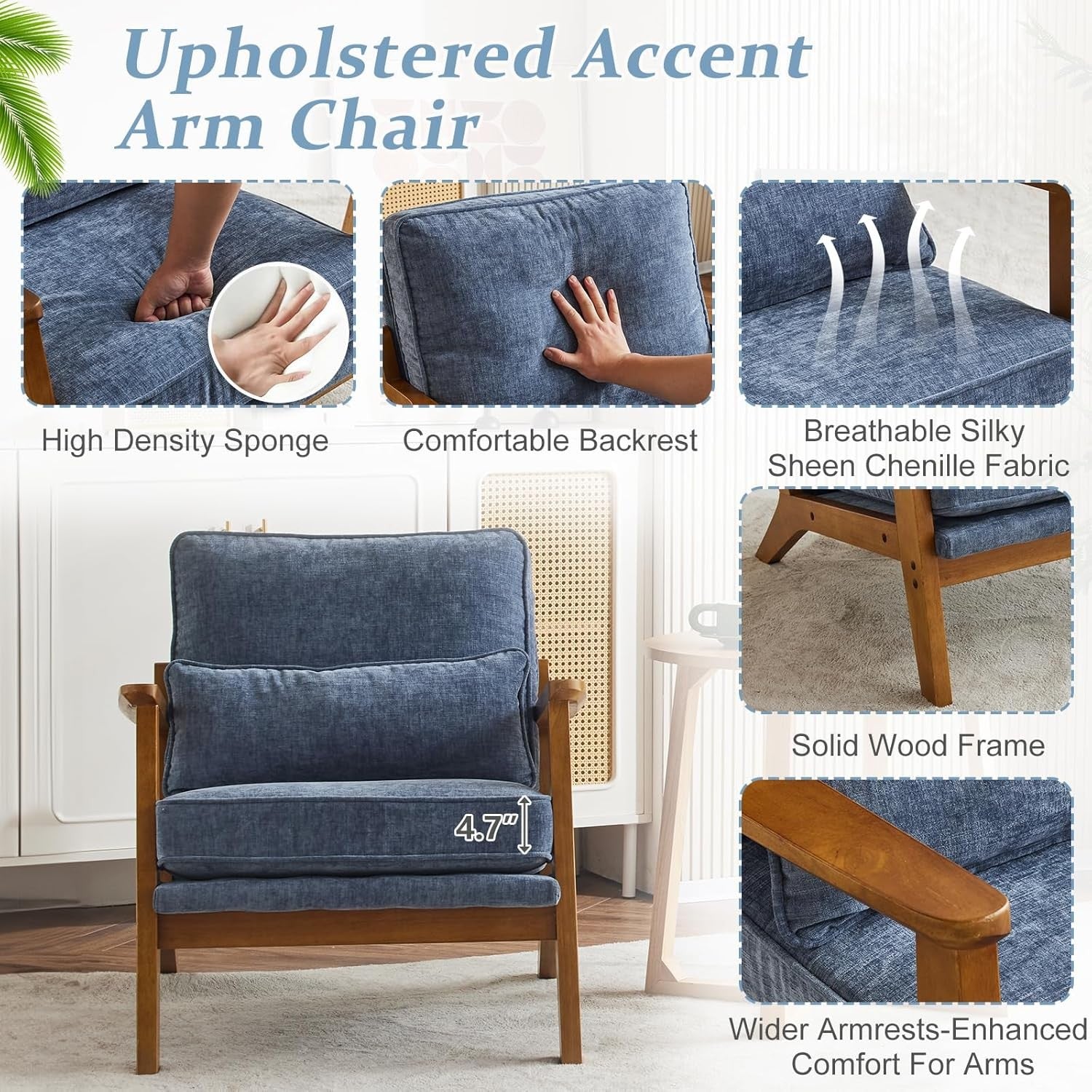 Sea Blue Chenille Accent Chair – Solid Wood Lounge Armchair Wide Arm