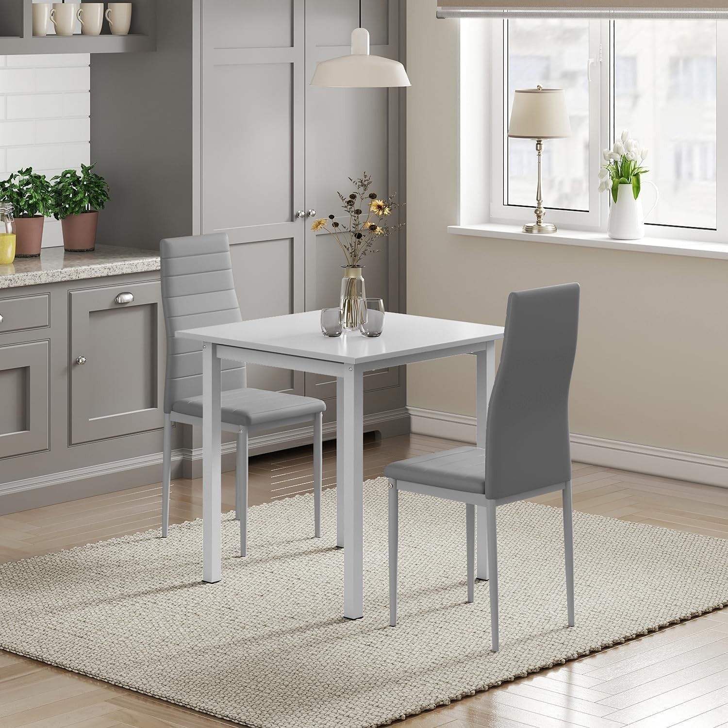 Modern Grey Dining Table Set 2 Faux Leather Chairs Kitchen Small Room