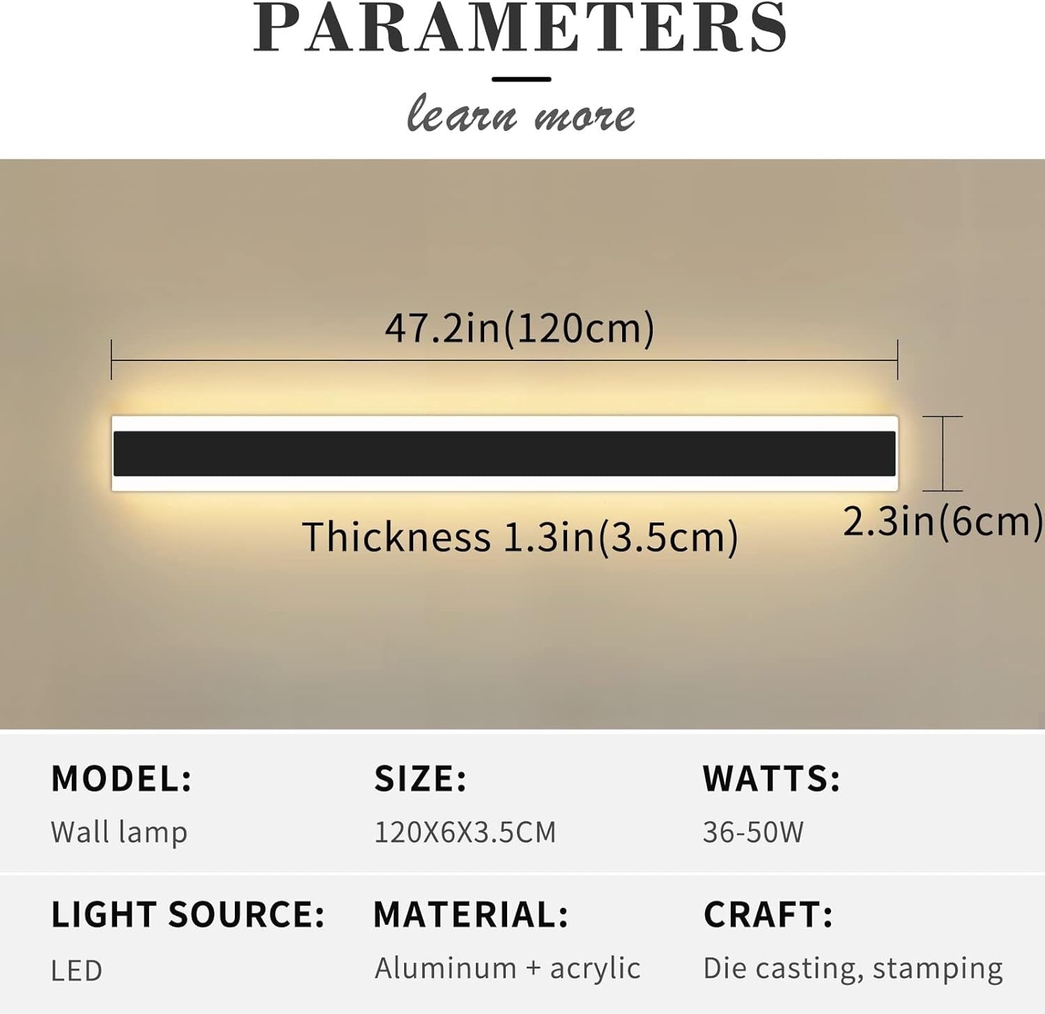 120cm Outdoor LED Wall Light IP65 Dimmable 3-Color Remote Control Lamp