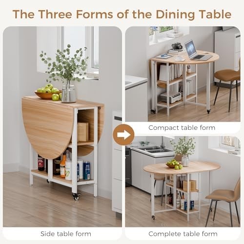 Oak & White Folding Dining Table Drop Leaf Mobile 4-6 Seat Small Space