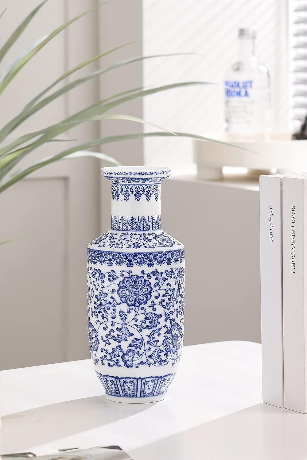 Blue White Chinoiserie Ceramic Vase 10in Glossy Floral Table Centerpiece