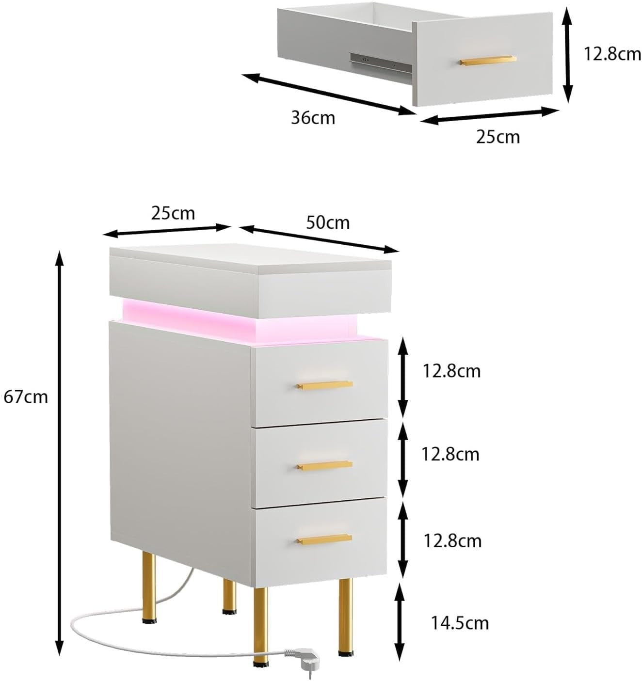 Modern LED Bedside Table with USB Charging, 3 Drawers+Hidden Storage, Gold Legs