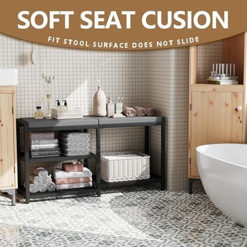 Black 35"L Shoe Bench with Cushion & Alloy Steel Frame, Storage Seat