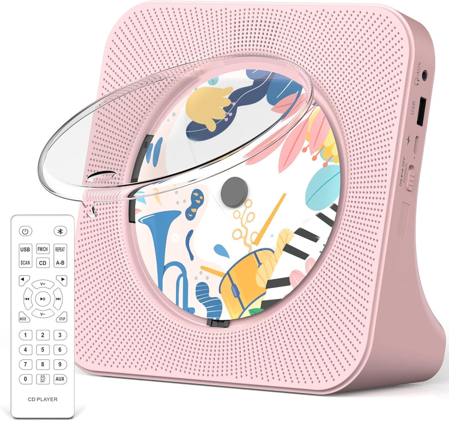 Bluetooth CD Player w Speakers FM Radio LCD Remote USB AUX Pink