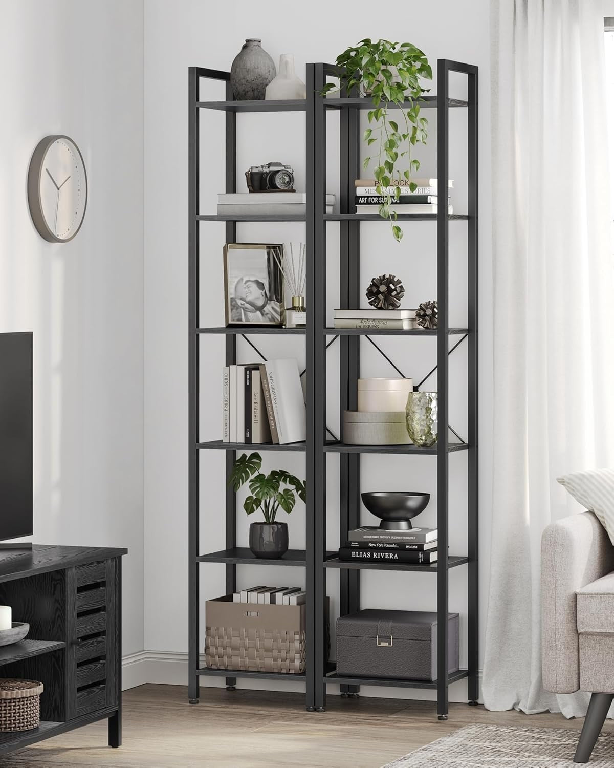 6-Tier Industrial Bookshelf 187.5cm Tall Slim Storage Unit Sturdy Steel Wood
